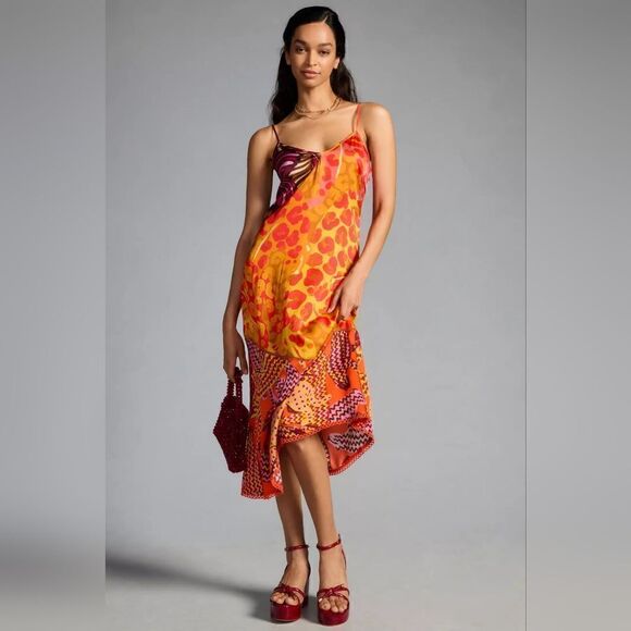Farm Rio Anthropologie Printed Slip Dress In Red Motif Size Medium NWT - Picture 1 of 5